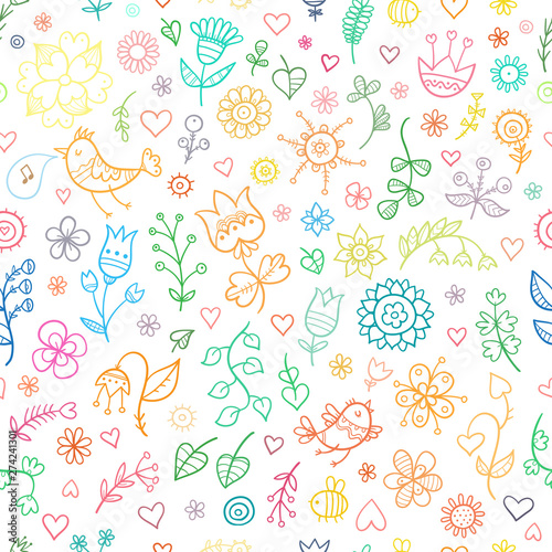 Seamless pattern with birds and plants on a white background. Vector contour color image.