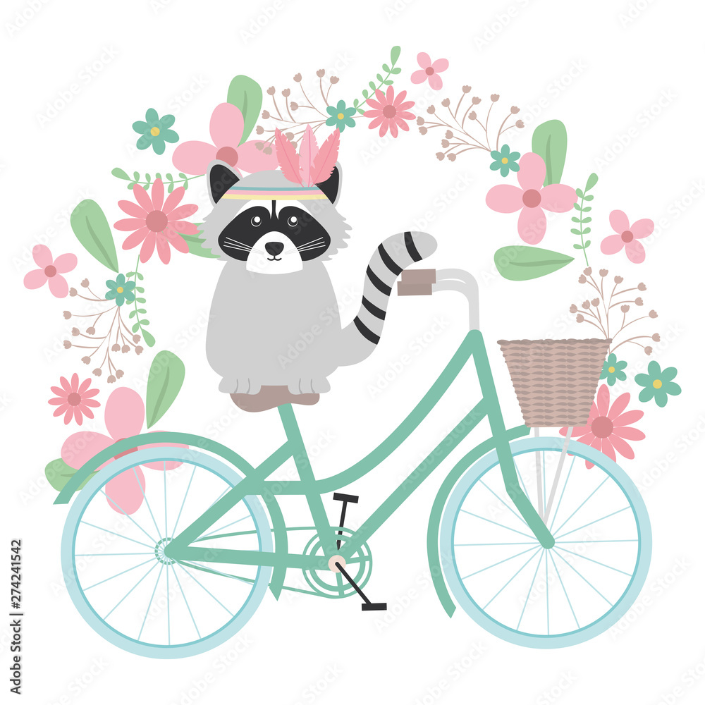 cute raccoon in bicycle with floral decoration
