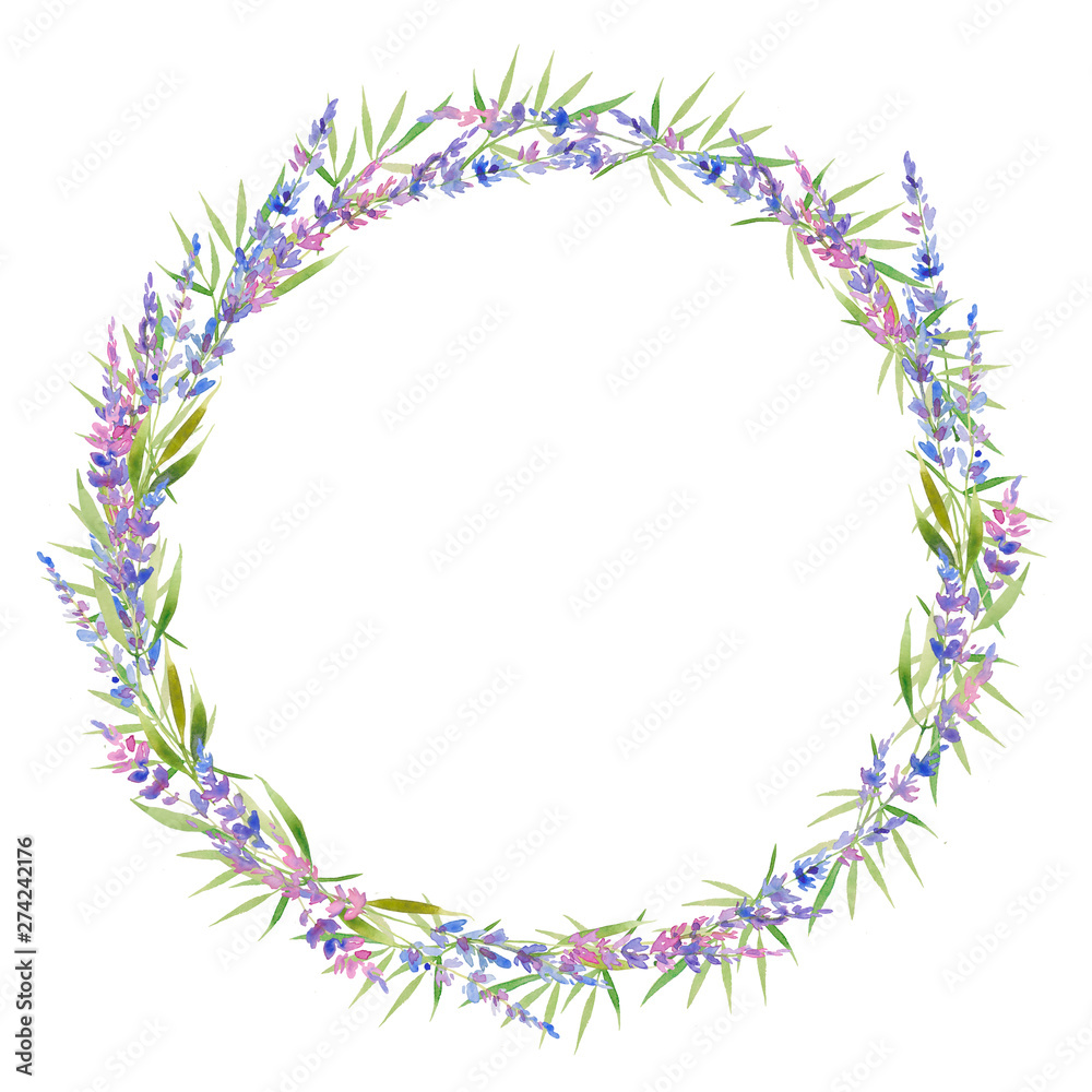 Watercolor lavender wreath of flowers, circle. floral provencal style design