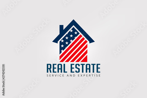 Real Estate American house red and blue logo
