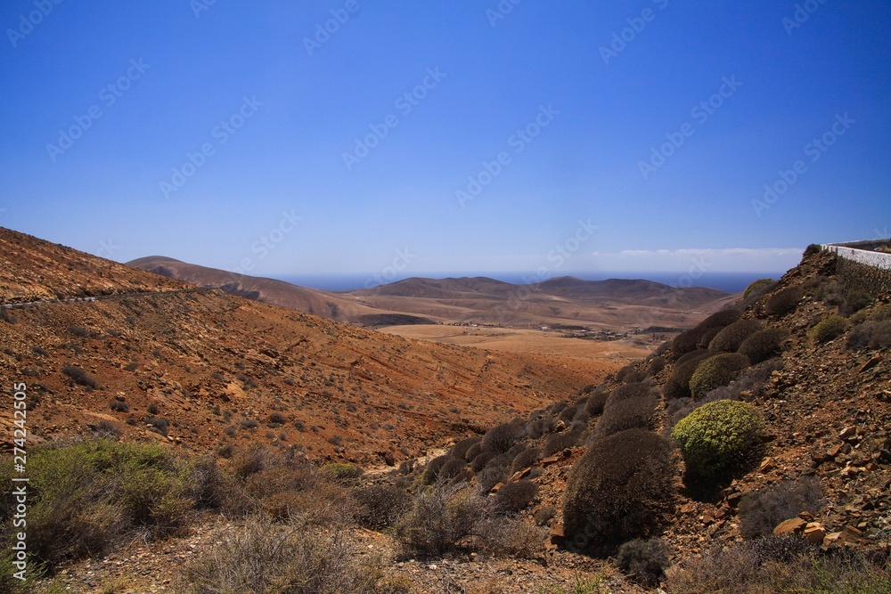 View on serpentines of steep mountain road between Betancuria and Pajara, Fuerteventura
