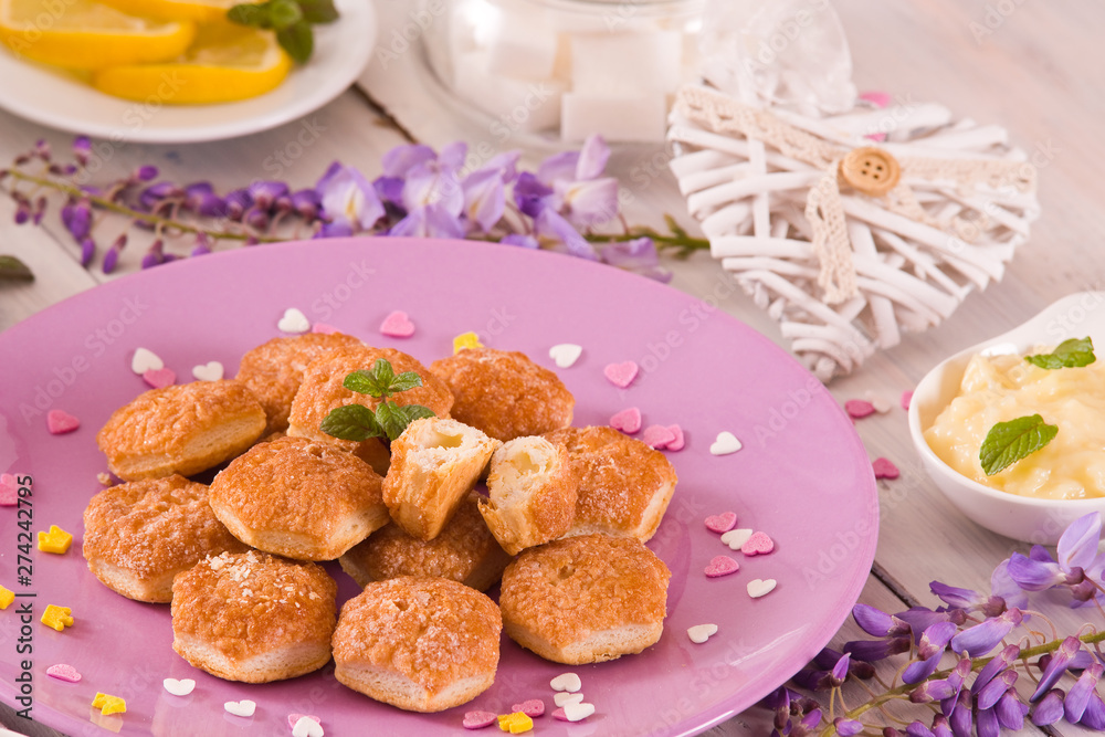 Puff pastries with custrad cream. Puff pastries with custrad cream.