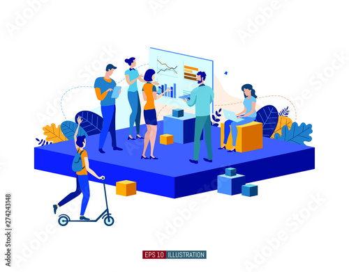 Trendy flat illustration. Office workers planing business mechanism, analyze business strategy and exchange ideas.Template for your design works. Vector graphics.