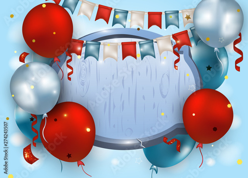 Birthday greeting card with blue and red balloons, confetti, flag garland, blue wooden signboard for text. Banner for party, promotions, sales, events. Vector illustrations.