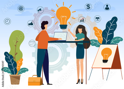 Internet assistant at work. discussion two people, promotion in the network. manager for remote work, team work on the project, brainstorming, working teamwork with idea for presentation illustration.