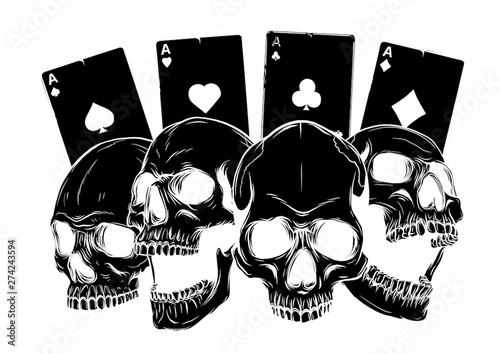 aces of poker and roses with skull, grunge vintage vector photo