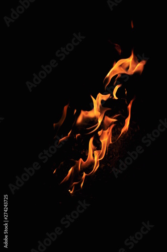 a big flame of fire in the dark. On a black background. Languages of fire. Fire is burning © amdre100