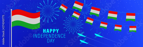 Mart 15 Hungary Independence Day greeting card. Celebration background with fireworks, flags, flagpole and text.
