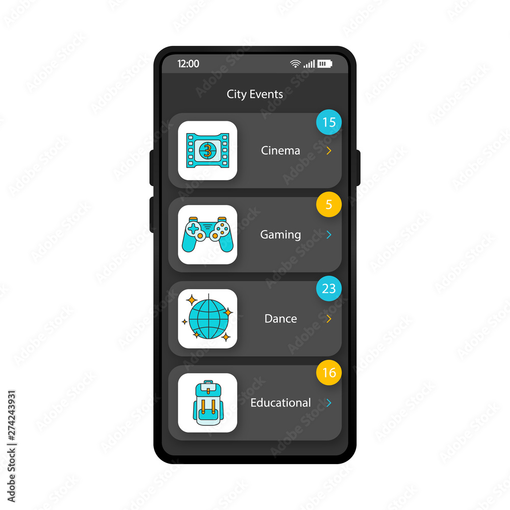 City events app smartphone interface vector template City events app smartphone interface vector template