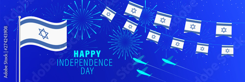 May 14 Israel Independence Day greeting card. Celebration background with fireworks, flags, flagpole and text. photo