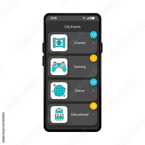 City events app smartphone interface vector template