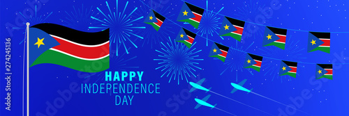 July 9 South Sudan Independence Day greeting card. Celebration background with fireworks, flags, flagpole and text.
