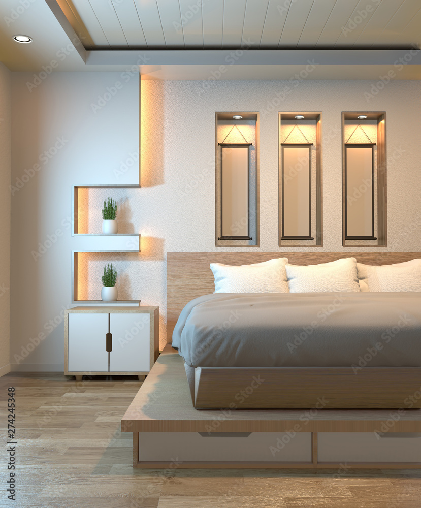 Modern zen peaceful Bedroom. japan style bedroom with shelf wall design