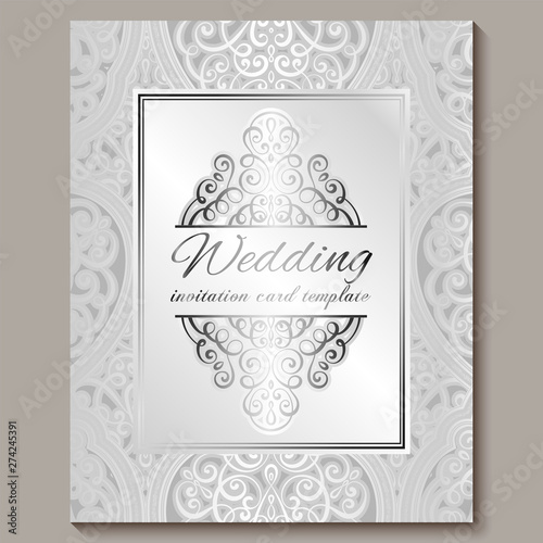 Wedding invitation card with silver shiny eastern and baroque rich foliage. Intricate Ornate islamic background for your design. Islam, Arabic, Indian, Dubai.