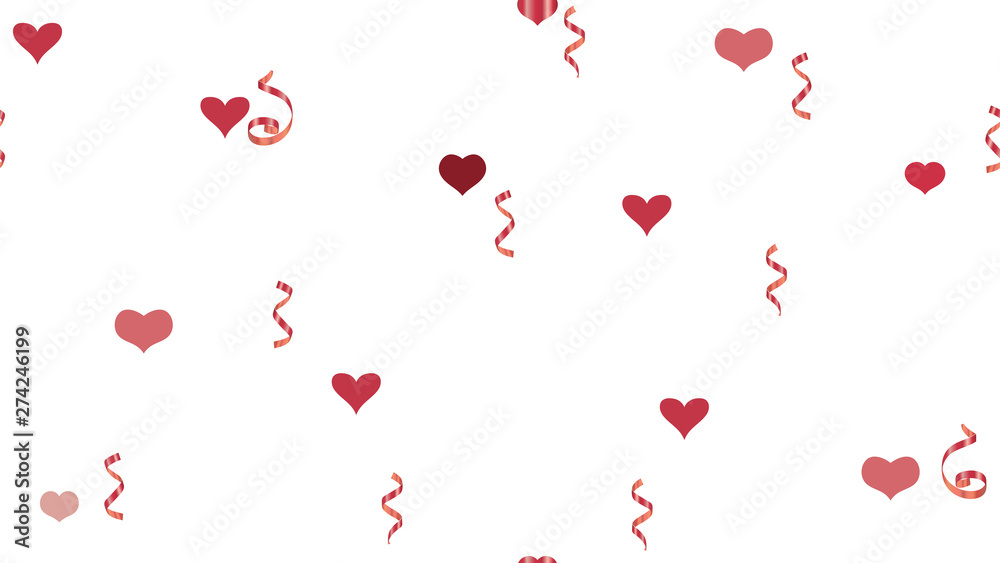 Vector Seamless Pattern on a White Background. Element of packaging, textiles, wallpaper, banner, printing. Falling Red confetti. Stylish Pattern of Hearts and Serpentine.