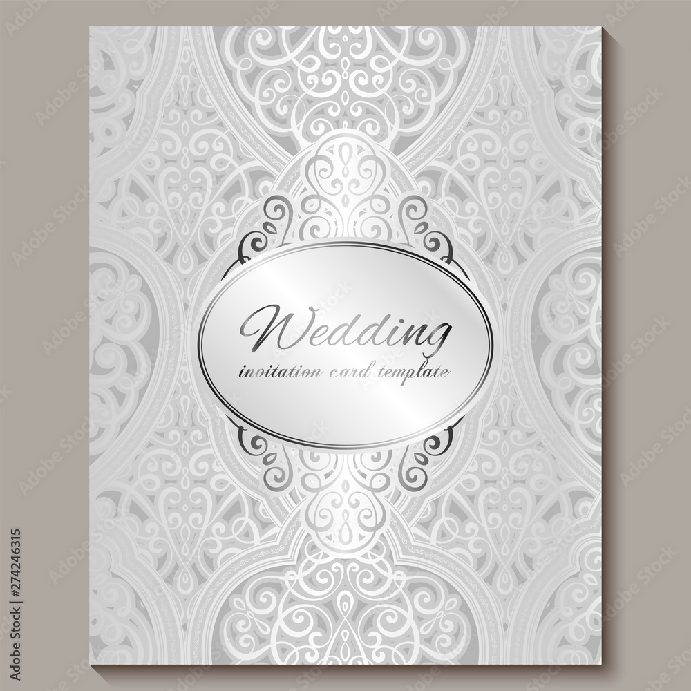 Wedding invitation card with silver shiny eastern and baroque rich foliage. Intricate Ornate islamic background for your design. Islam, Arabic, Indian, Dubai. Wedding invitation card with silver shiny eastern and baroque rich foliage. Intricate Ornate islamic background for your design. Islam, Arabic, Indian, Dubai.