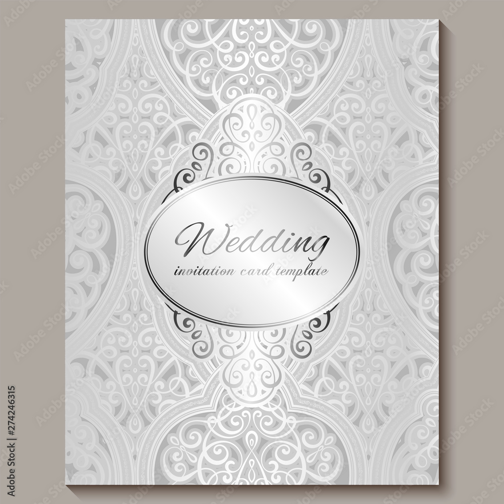 Wedding invitation card with silver shiny eastern and baroque rich foliage. Intricate Ornate islamic background for your design. Islam, Arabic, Indian, Dubai.