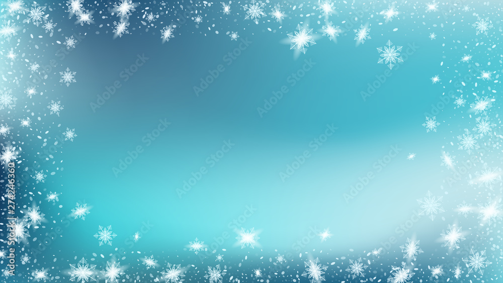 Snow Blizzard Effect. Holiday Christmas card design. Bbright, White, Shimmer, Glowing, Scatter, Falling on a Blue background.