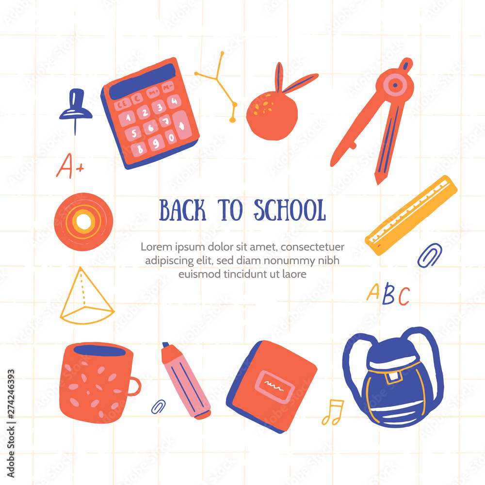 Back to school frame design. Cute doodle background. Colorful education concept