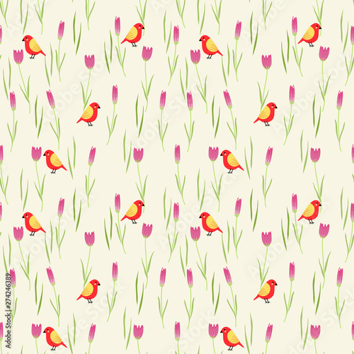 Sweet flowers and tiny bird seamless pattern. © misspin