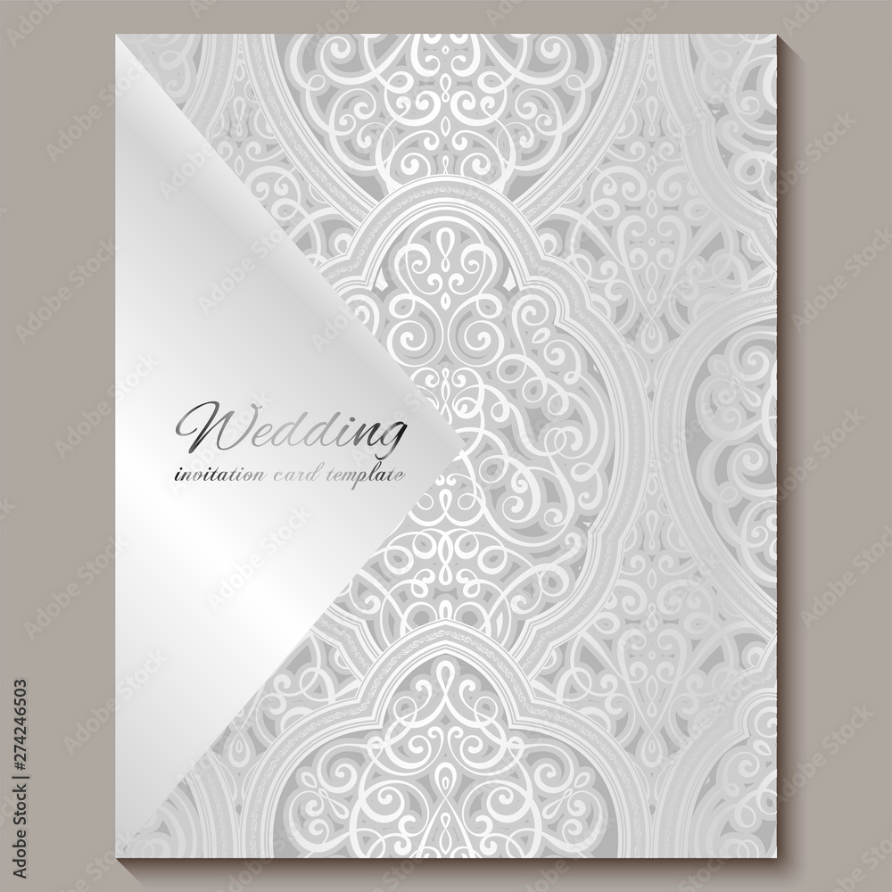 Wedding invitation card with silver shiny eastern and baroque rich foliage. Intricate Ornate islamic background for your design. Islam, Arabic, Indian, Dubai. Wedding invitation card with silver shiny eastern and baroque rich foliage. Intricate Ornate islamic background for your design. Islam, Arabic, Indian, Dubai.