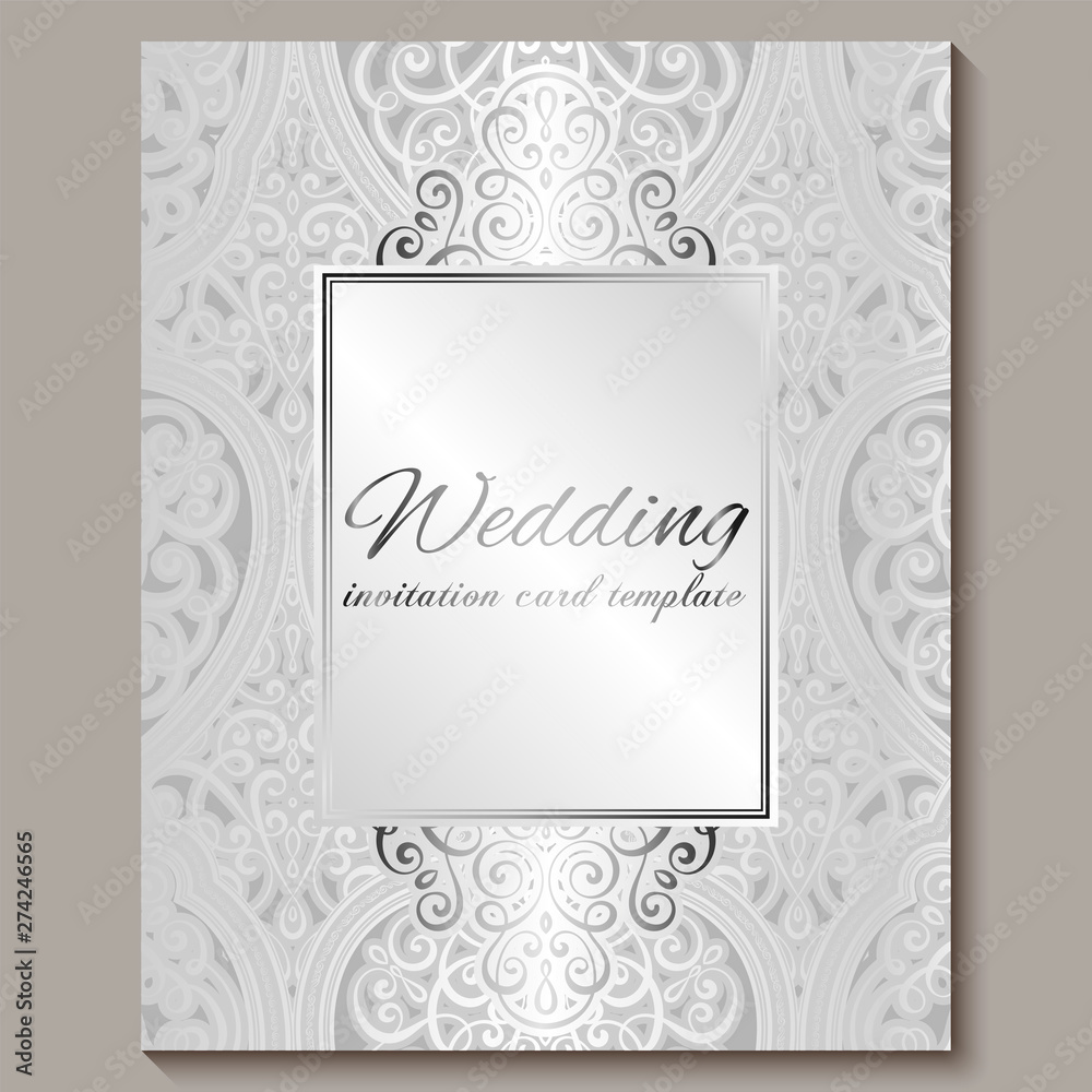 Wedding invitation card with silver shiny eastern and baroque rich foliage. Intricate Ornate islamic background for your design. Islam, Arabic, Indian, Dubai.