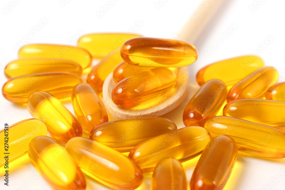 Omega-3 capsules on a white background. Fish oil, healthy supplements