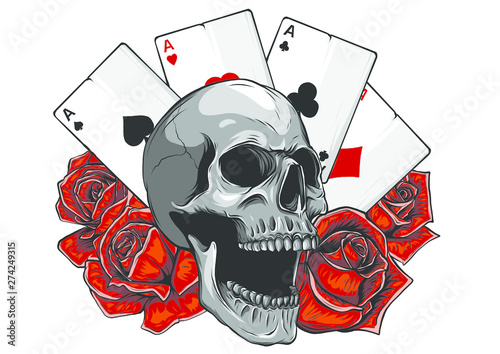 Skulls with playing cards. Set of vector illustrations.
