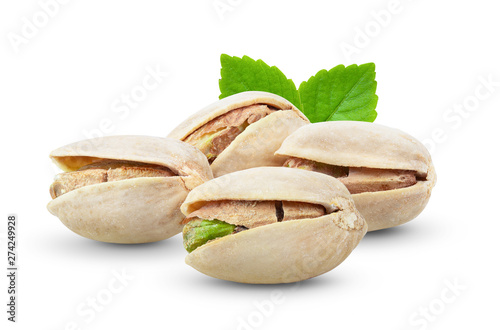 Pistachio nuts with leaf Isolated on a white background. full depth of field