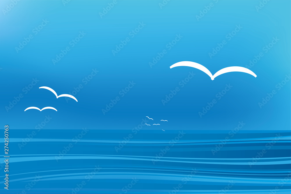Schematic seagull landscape in blue tones with marine background. Schematic seagull landscape in blue tones with marine background.