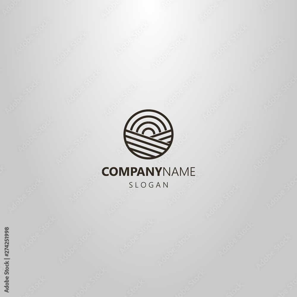 black and white simple vector line art geometric logo of sun rising over a field in a round frame black and white simple vector line art geometric logo of sun rising over a field in a round frame