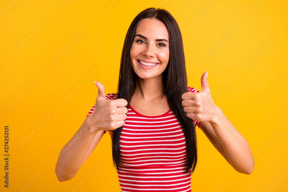 Close up photo of nice lovely charming student people have ads advise choice decision true promoter dressed fashionable clothing isolated yellow bright background Close up photo of nice lovely charming student people have ads advise choice decision true promoter dressed fashionable clothing isolated yellow bright background