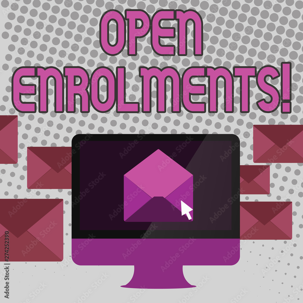 Word writing text Open Enrolments. Business photo showcasing when employees may make changes to elected fringe benefit Open Color Envelope inside Computer Screen. Letter Casing Surrounds the PC Word writing text Open Enrolments. Business photo showcasing when employees may make changes to elected fringe benefit Open Color Envelope inside Computer Screen. Letter Casing Surrounds the PC