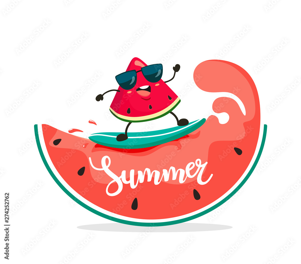 Funny surfer watermelon slice rides on watermelon waves. Summer illustration in cartoon style. Vector Funny surfer watermelon slice rides on watermelon waves. Summer illustration in cartoon style. Vector