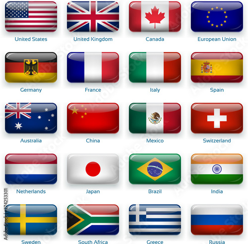 Set of twenty flags in button style. Popular countries.