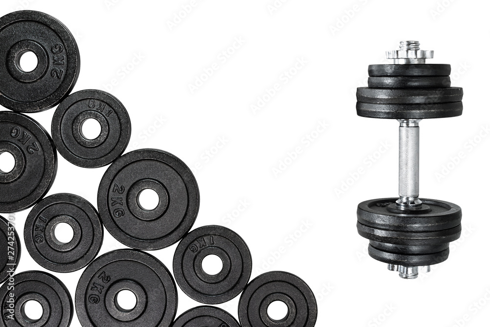 Gym dumbbells with black metal weights 1kg and 2kg, isolated on white background with clipping path. Top view, flat lay. Can be used as a gym background. Gym dumbbells with black metal weights 1kg and 2kg, isolated on white background with clipping path. Top view, flat lay. Can be used as a gym background.