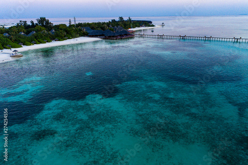 Aerial view   island Olhuveli with Waterbungalows  South Male Atoll  Maldives