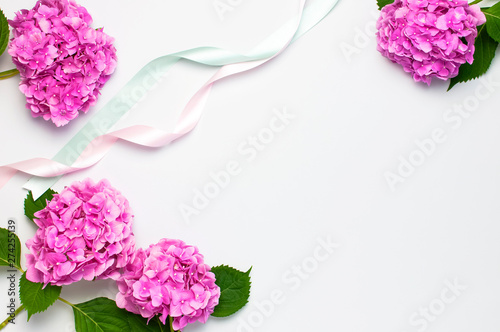 Frame of Beautiful flowers of pink hydrangea with holiday ribbons on white background top view flat lay copy space. Flower card. Holiday, congratulations, happy mothers day. International Women's day.