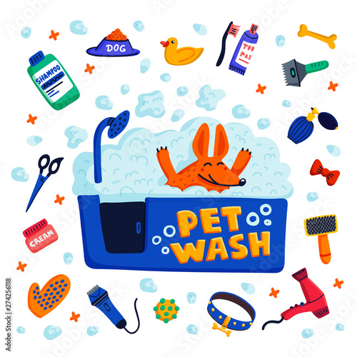 Pet grooming concept. Happy dog in a bath with foam and goods for bathing on ...
