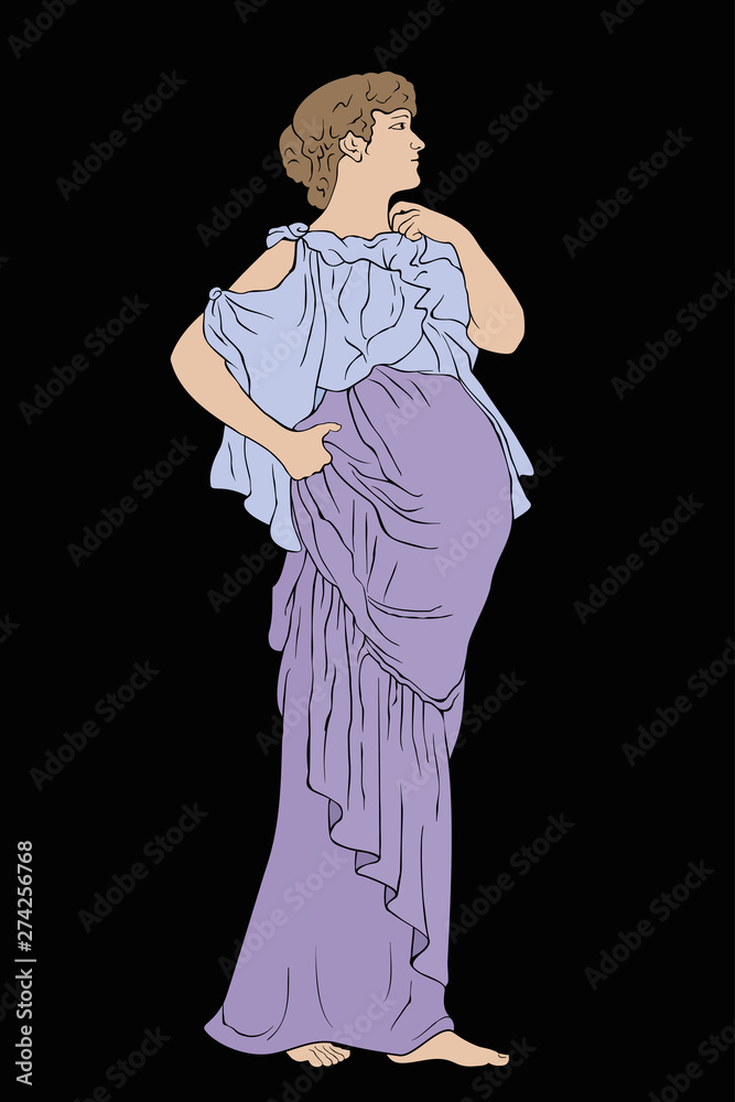 A pregnant woman in the ninth month in a tunic is standing. Vector image isolated on black background.