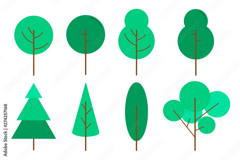 different trees with simple shapes triangle, circle, oval. Forest natural pattern. Schematic simple background. Set