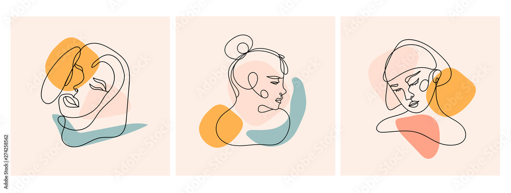 Modern abstract faces. Contemporary female silhouettes. Set of three hand drawn outline trendy vector illustrations. Continuous line, minimalistic concept. Pastel colors - obrazy, fototapety, plakaty 