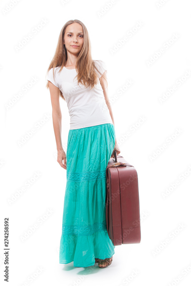 woman going with heavy suitcase, isolated on white background woman going with heavy suitcase, isolated on white background