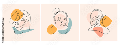 Modern abstract faces. Contemporary female silhouettes. Set of three hand drawn outline trendy vector illustrations. Continuous line, minimalistic concept. Pastel colors