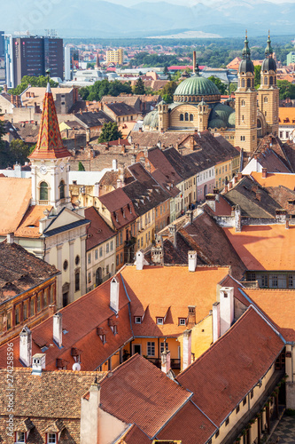 Wallpaper Mural Sibiu, Romania elevated cityscape with Holy Trinity Cathedral and the Reformed Church seen from the steeple of the Lutheran Cathedral of Saint Mary Torontodigital.ca