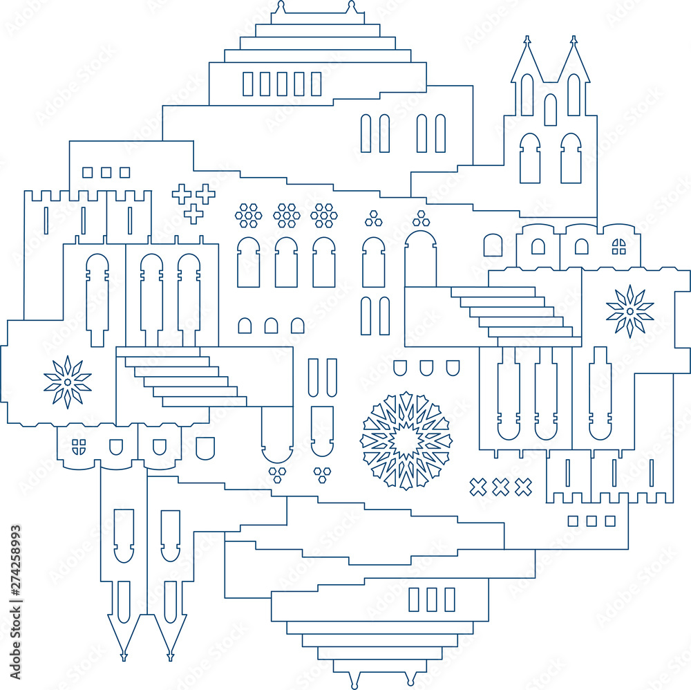 Fototapeta premium Symmetric oriental city illustration in line style.