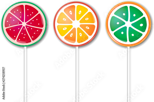 Set of three shiny fruits lollipops with shadows.