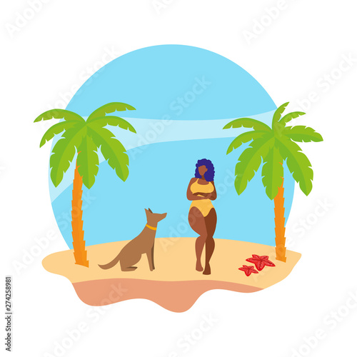 young woman with dog on the beach summer scene © djvstock