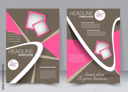 Flyer, brochure, magazine cover template design for education, presentation, website. Pink and brown color. Editable vector illustration.