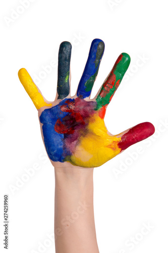Children's smiling colorful hands raised up. The concept of classroom or back to school